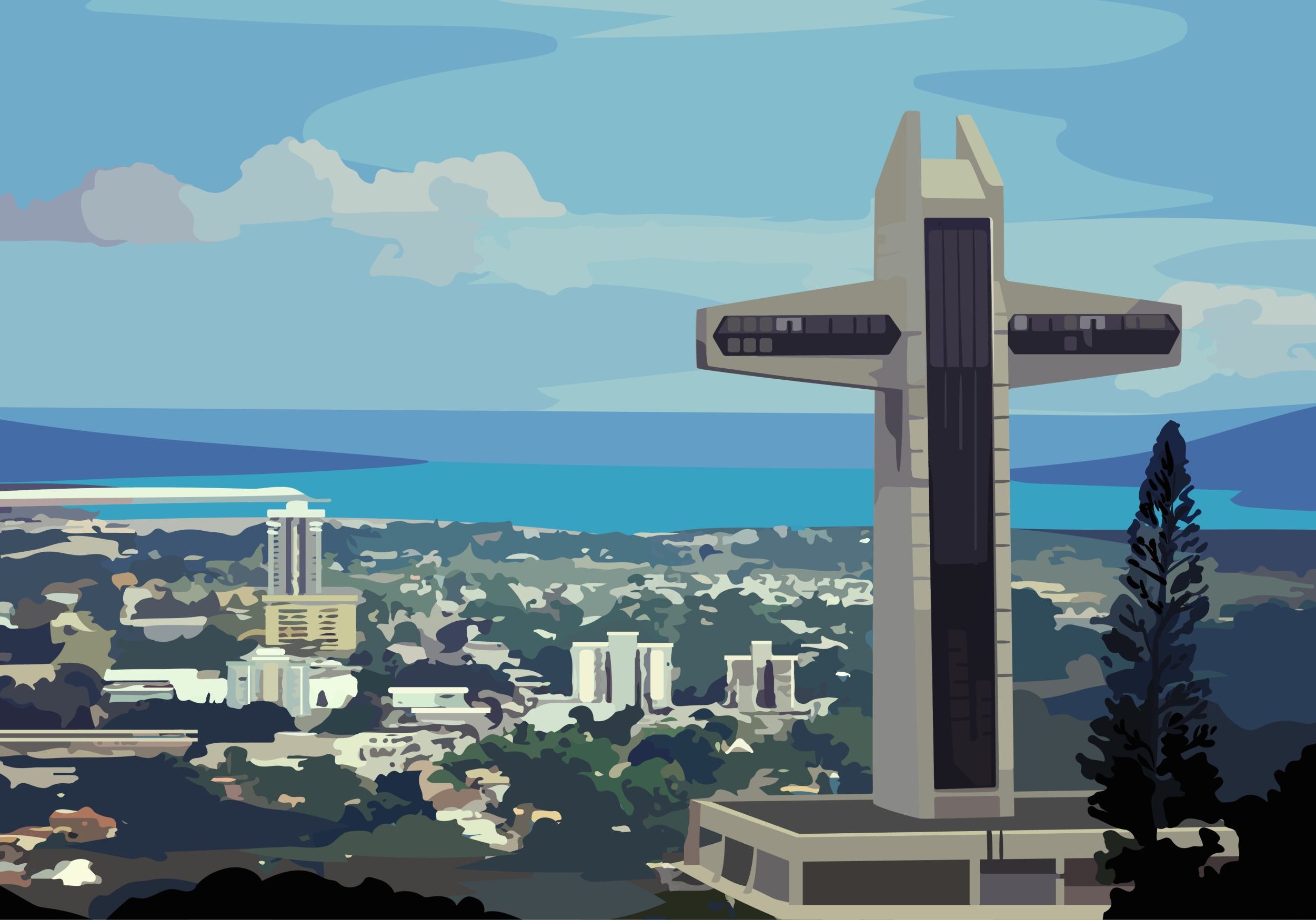 A Stylized Illustration Of A Cityscape With A Prominent Cross Shaped Monument Overlooking The Urban Area And The Coastline.